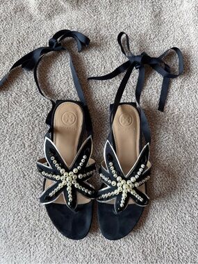 Tory Burch Black Pearl-Embellished Starburst Lace-Up Sandals - Size 8